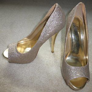 CLUB COUTURE Super sparkly gold open toe stiletto high heel party pumps